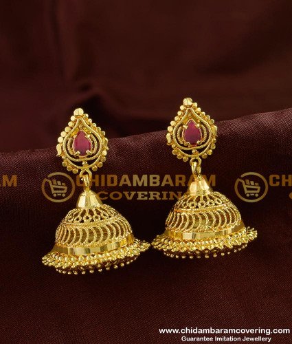 ERG246 - Real Gold Design Kerala Style Jhumka One Gram Gold Jewelry Online 