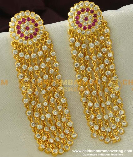 ERG280 - Most Beautiful Party Wear Impon Long Stone Chain Thick Metal Earring Buy Online
