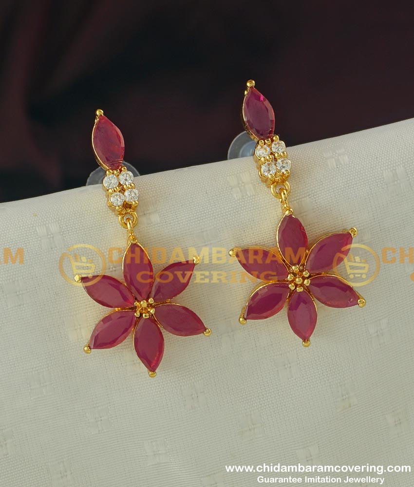 ERG307 - Elegant Gold Finish Ruby Stone Flower Design Earring Design Buy Online