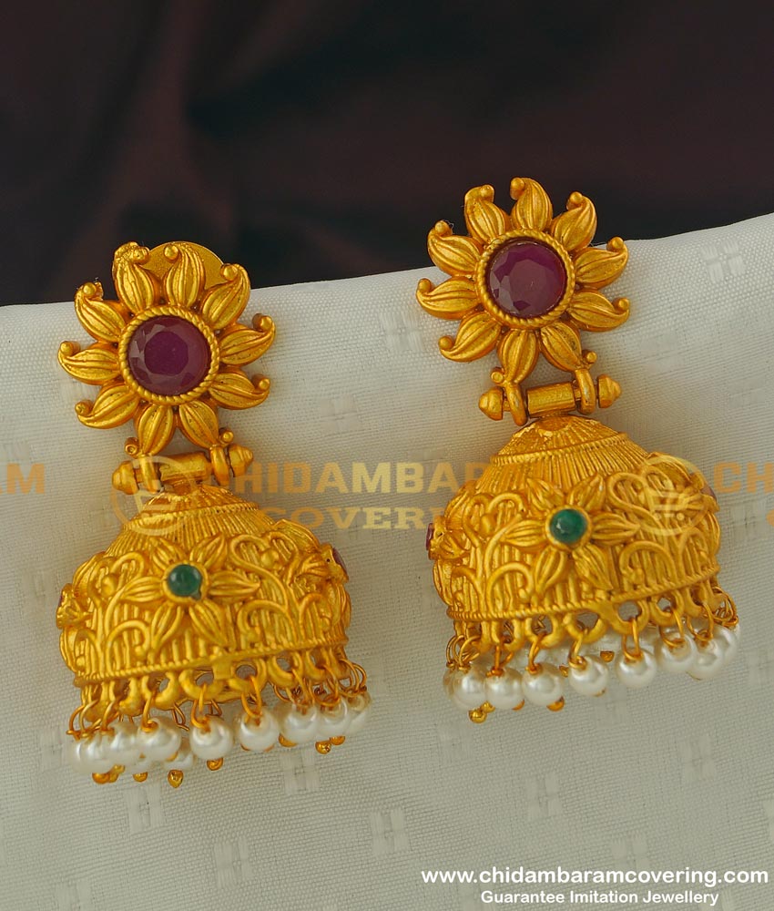 ERG312 - Temple Jewellery Premium Quality Matte Finish Earrings Temple Jhumkas Online Shopping