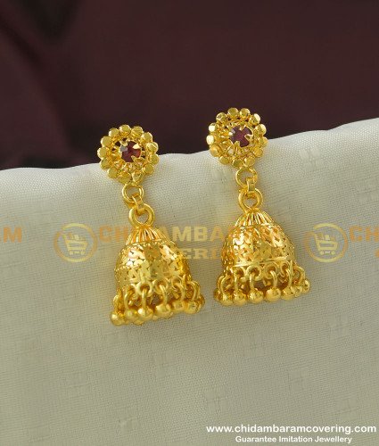 ERG341 - Beautiful Ruby Stone Flower Design Jhumkas Earrings at Low Price 