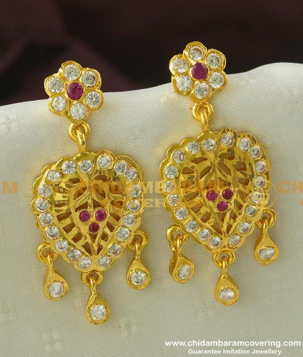 ERG359 - Bridal Wear Gold Impon Design Red and White Stone Long Danglers Thick Metal Jewellery Online