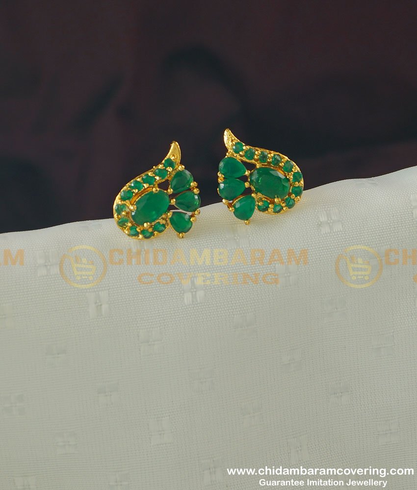 ERG361 - Beautiful Office Wear Full Emerald Stone Stud Earrings Design Buy Online