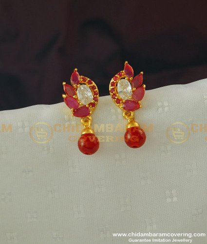 ERG368 - Attractive Gold Earring Design First Quality Red and White Stone Earring Buy Online