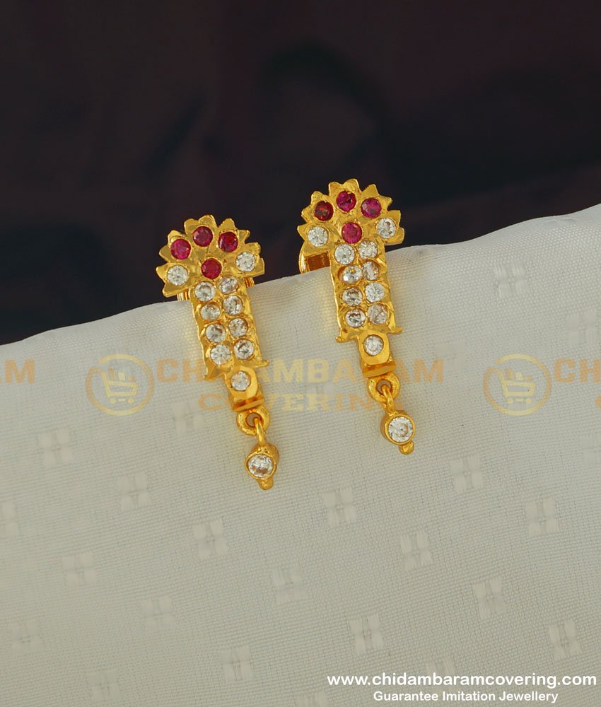 ERG385 - Unique Flower Pattern Five Metal Stone Earring Stud Designs with Hanging Stone Drops Earrings Online
