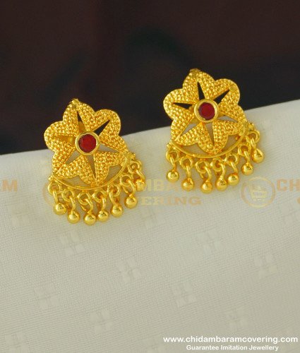 ERG393 - Stylish Floral Design Ruby Stone Gold Covering Earring Stud for Women