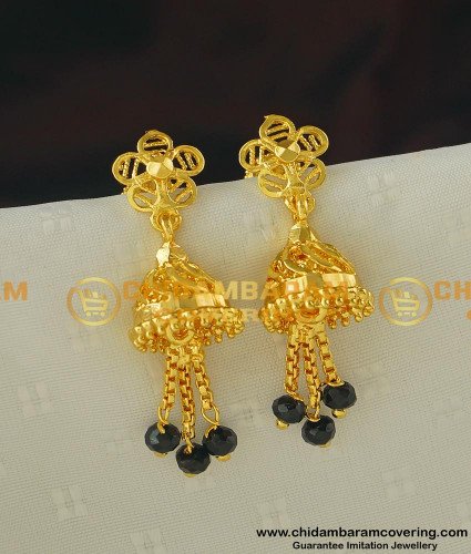 ERG399 - Semi Precious Black Crystal Tassel Gold Design Jhumka Earrings for Women