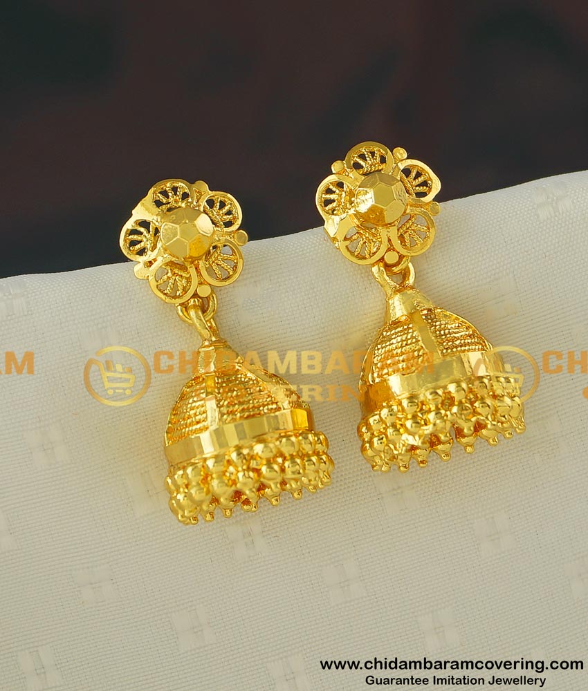 gold plated jhumkas, stylish bridal gold jhumka design, gold jhumka new design, jimikki kammal, bridal heavy gold jhumka design, artificial jhumkas, buttalu designs