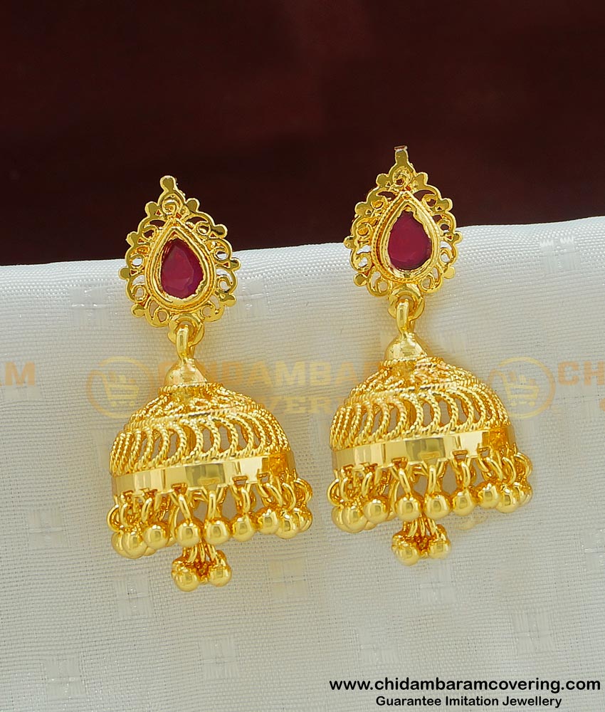 ERG460 - Traditional Ruby Stone Bridal Wear Gold Covering Jhumkas Designs Online Shopping