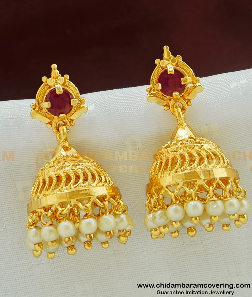 ERG480 - Attractive Pearl Ruby Stone Gold Plated Jhumkas Collection imitation Jewelry  