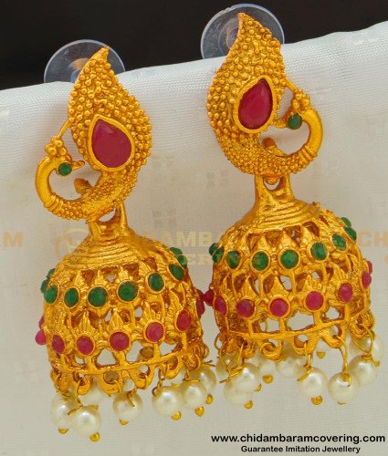 ERG521 - Peacock Design Matte Finish South Indian Temple Jewellery Jhumkas for Wedding