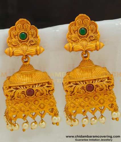 ERG522 - Beautiful Antique Jhumkas Gold Matte Finish Stone Temple Jewellery Buy Online
