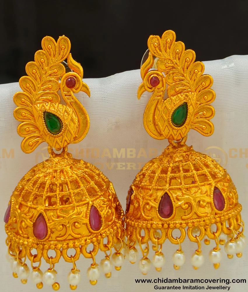 Buy MEENAZ Traditional Temple One Gram Gold Brass Copper South Indian Screw  Back Studs Meenakari Stone Ear Chains Hair Peacock Jhumkas Jhumka Earrings  Combo for Women Girls Wedding chain -GOLD JHUMKI-M135 Online