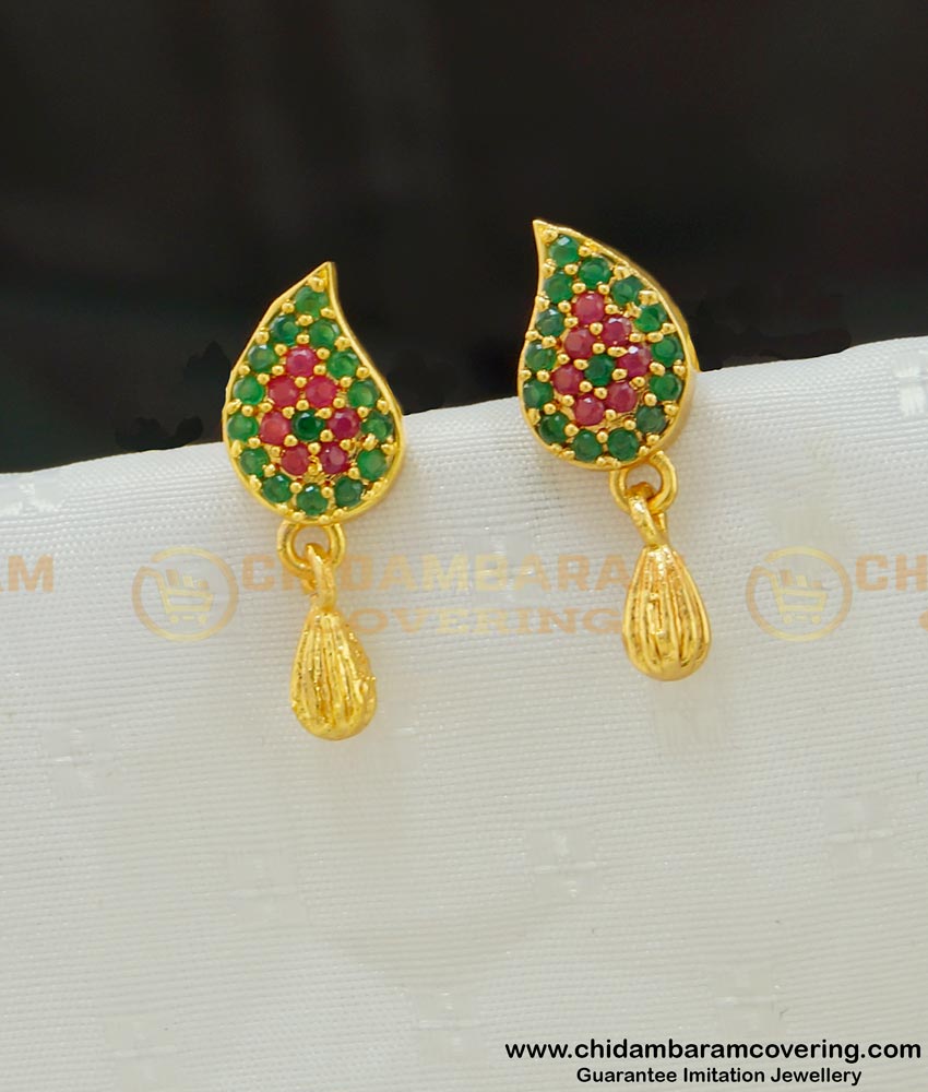 ERG529 - Trendy Ruby Emerald Mango Design Micro Gold Plated Small Stud Earrings