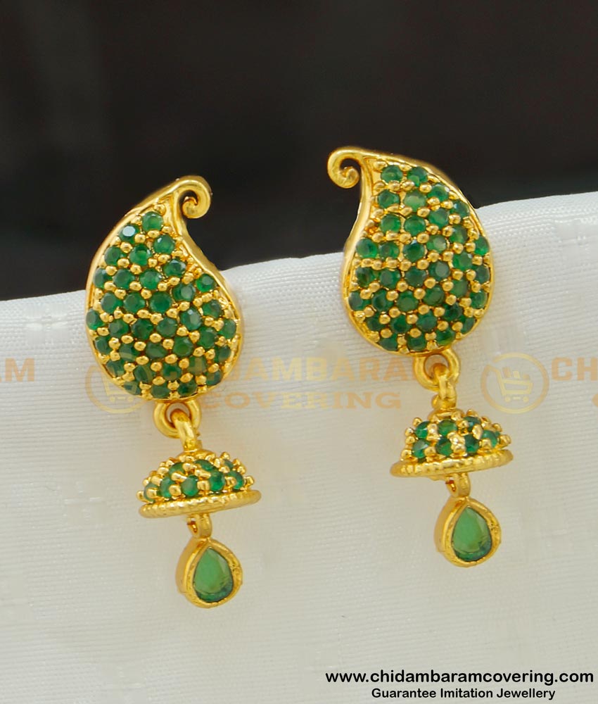 ERG536 - Most Beautiful First Quality Full Emerald Stone Mango Shape Jhumka Type Earring Gold Plated Jewellery