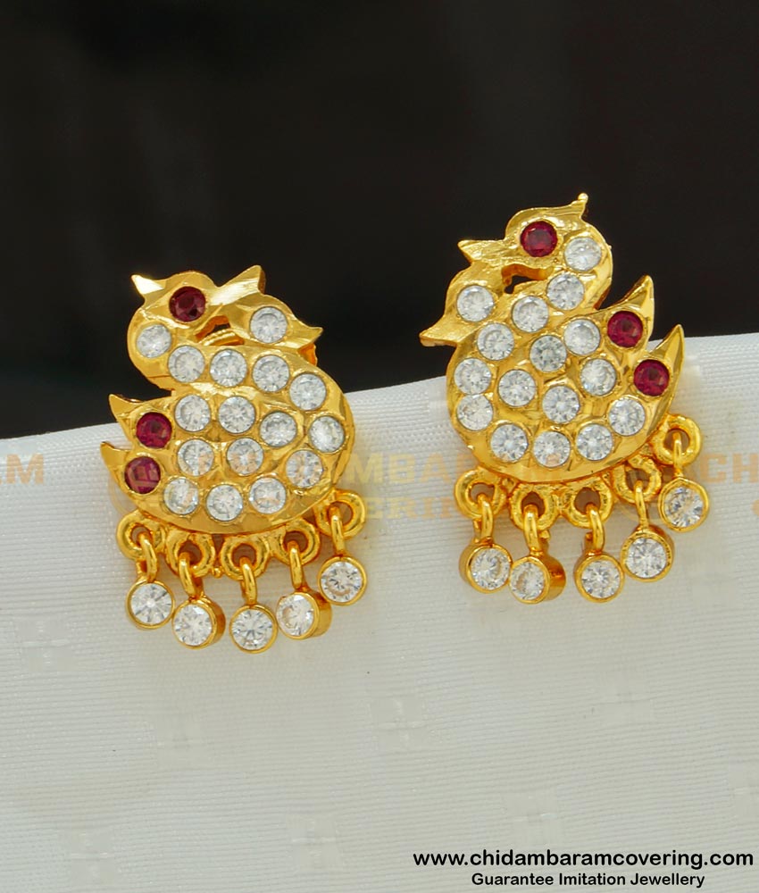 ERG537 - Gold Style Double Swan with Hanging Stone Drops Impon Stud Earrings