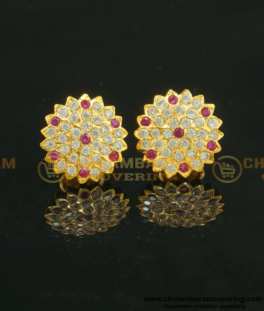 1928 Gold Tone Round Stone Button Earrings