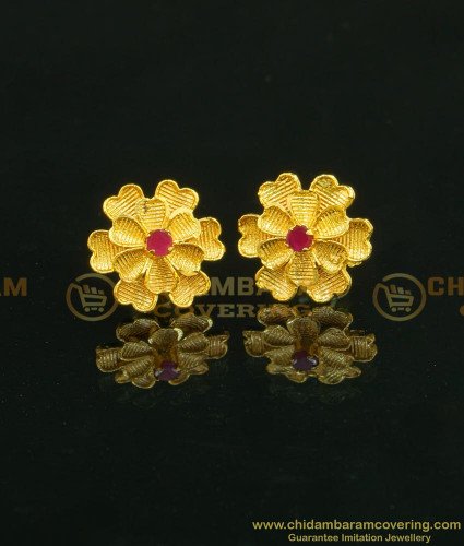 ERG641 - Attractive Single Ruby Stone Floral Design Party Wear Stud Earrings for Ladies