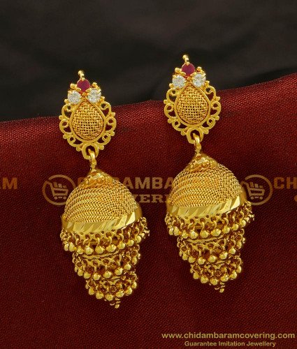 ERG689 - Latest Bridal Wear Gold Jhumkas Design 3 Step Net Type Stone Jhumkas for Wedding 