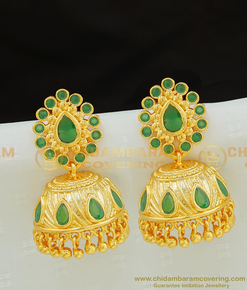 ERG766 - New Model Designer Emerald Stone Gold Plated Jhumkas Collection Imitation Jewellery