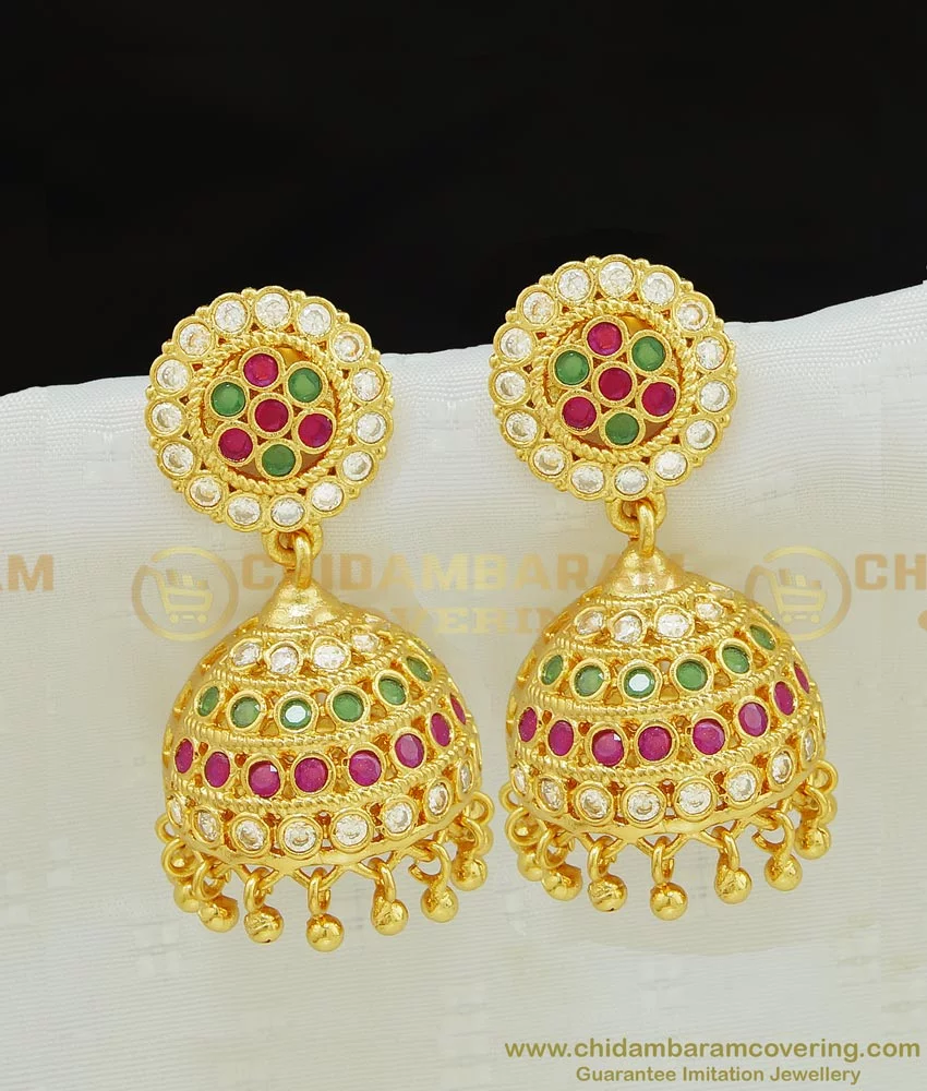 MEENAZ Traditional Temple One Gram Gold Brass Copper South Indian Screw  Back Studs Meenakari Stone Ear Chains Hair Peacock Jhumkas Jhumka Earrings  Combo for Women Girls Wedding chain -GOLD JHUMKI-M181 : Amazon.in: