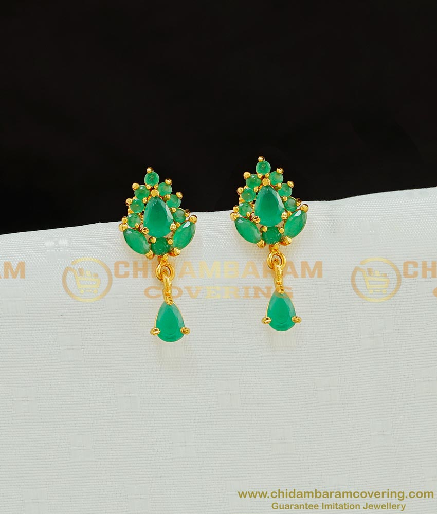 ERG772 - Beautiful Office Wear Full Emerald Stone Stud Tops Earrings Design Buy Online