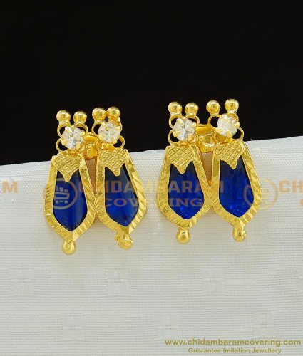 Erg782 - Trendy Light Weight Blue Double Gold Nagapadam Earrings Design for Female