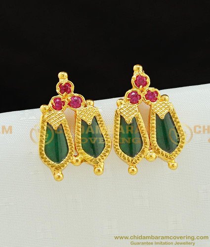 Erg784 - Green Nagapadam Earrings with Pink Stone Kerala Traditional Palakka Studs Online 