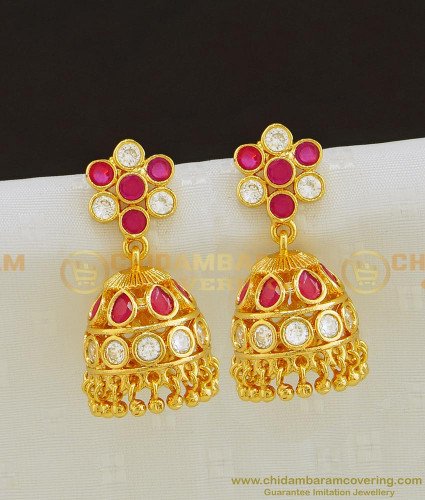 ERG788 - Bridal Wear Gold Jhumka Earring Ruby and White Color Stone Jimikki Kammal Designs 