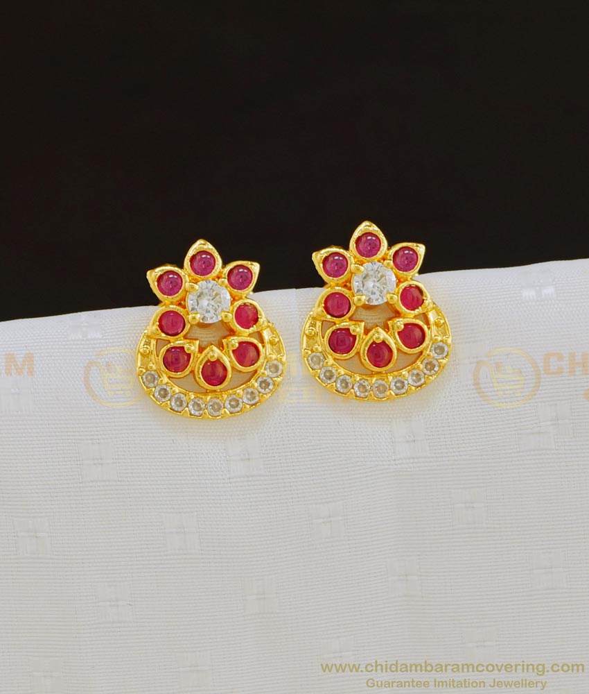 ERG807 - New Pattern 1 Gram Gold Ad White and Ruby Stone Gold Earring Design for Female