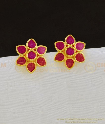 ERG808 - Beautiful Kemp Ruby Stone Flower Pattern Gold Plated Stud Earring for Female