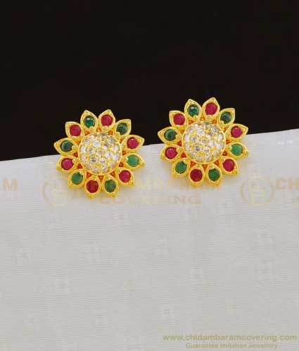 ERG810 - Attractive Kemp Red and Green Stone Flower Pattern Stylish Daily Wear Stud Earring Online