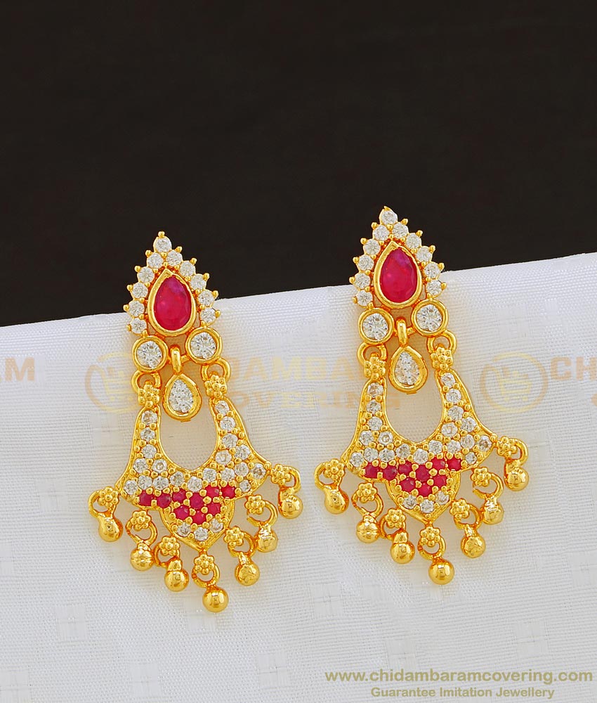 ERG814 - Latest Ad Stone with Hanging Gold Balls Designer Earring One Gram Imitation Jewelry  