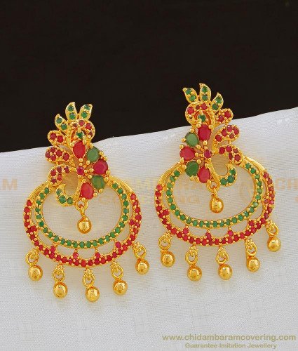 ERG819 - Bridal Wear Unique Ruby Emerald Stone Gold Dangle Earring for Female