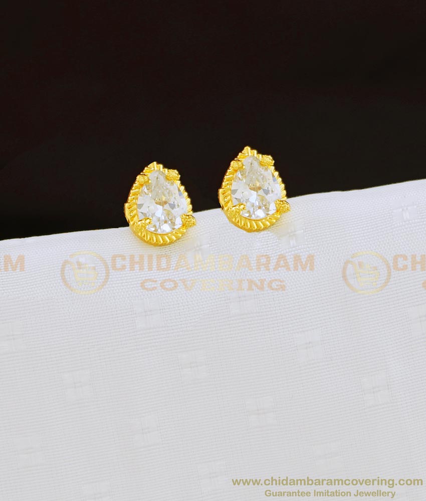 ERG827 - Sparkling Diamond Stone Look Pear Shape Small Single White Stone Earrings Online