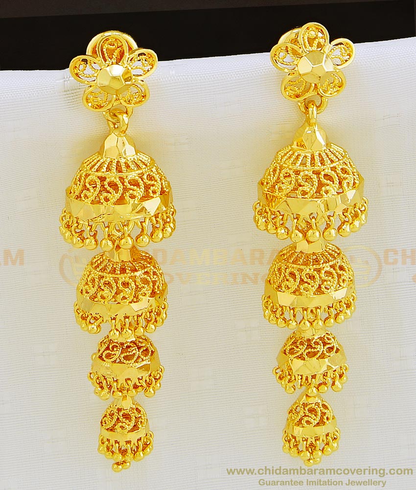 ERG839 - Traditional Gold Jhumkas Design Real Gold Pattern Three Step Jhumkas for Wedding