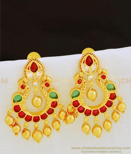 ERG844 - Latest Collection Attractive Look Real Kemp Stone Peacock Design Chandbali Earrings Imitation Jewelry