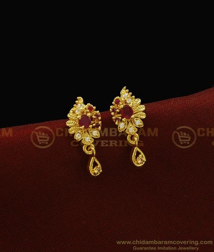 Erg919 - Cute Small Gold Design White and Ruby Stone Gold Plated Stud Small Earrings for Girls