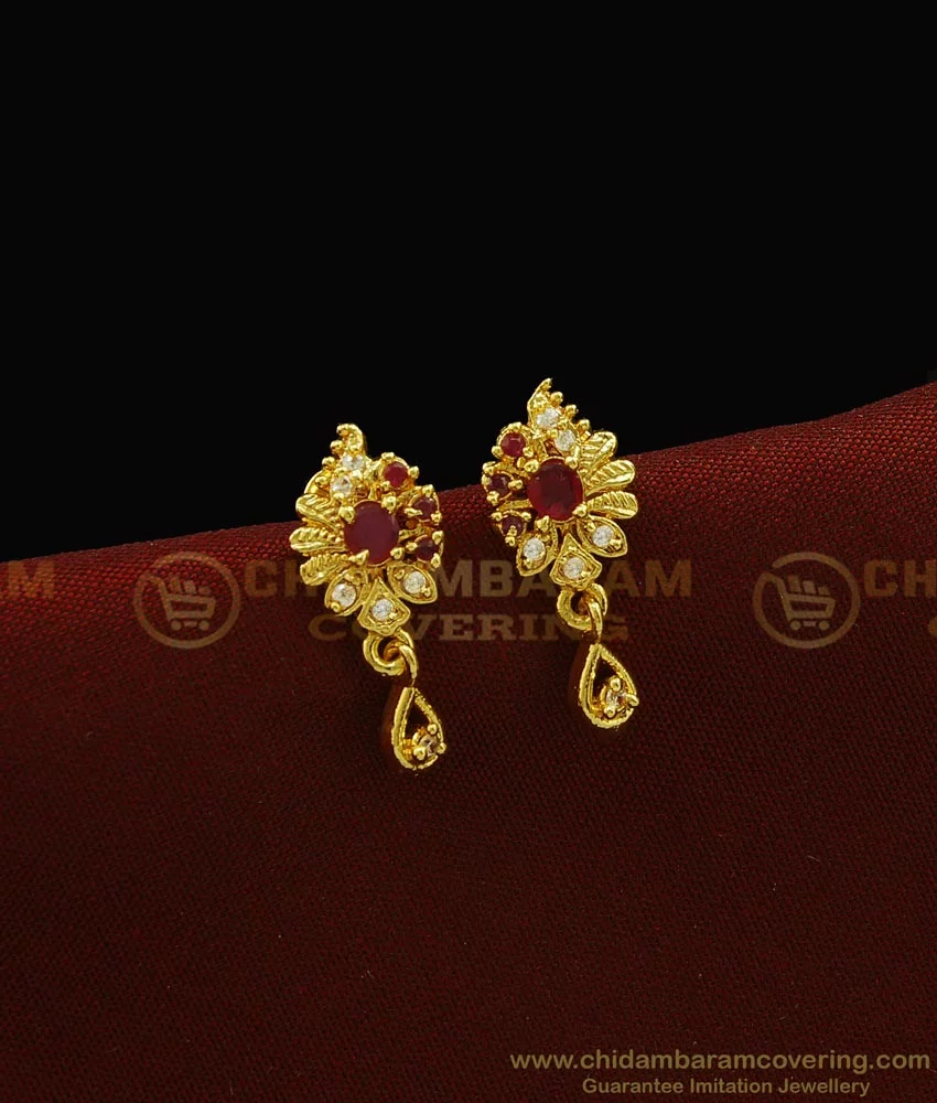 Buy Cute Small Gold Design White and Ruby Stone Gold Plated Stud ...