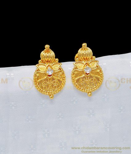ERG942 - 1 Gram Gold Light Weight White Stone Daily Use Earrings for Ladies