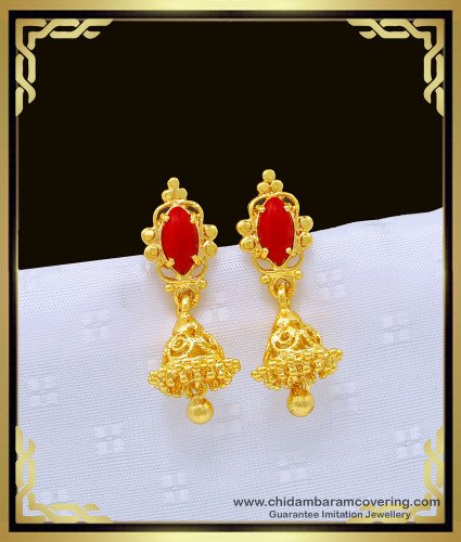 ERG985 - Traditional Red Coral South Indian Small Size Jhumkas Earrings for Girls