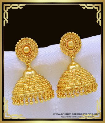 ERG994 - Latest Gold Look Plain Gold Beads Gold Covering Bridal Jhumkas Designs for Female