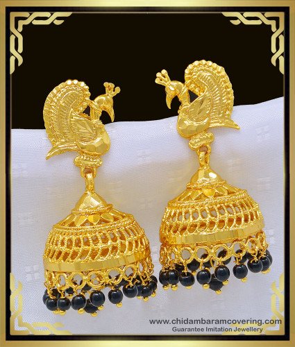 ERG996 - 1 Gm Gold Black Beads Peacock Jhumkas Earrings Design Indian Bridal Jewellery