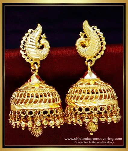 ERG1600 - 1 Gram Gold Plated Peacock Design Big Jhumka Earrings 