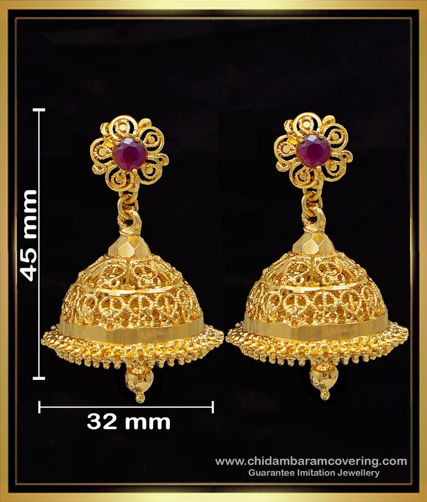 jhumka design gold earrings, 1 gram gold earrings online, gold plated jhumka earrings, jimikki kammal designs, bridal jhumkas online shoppin