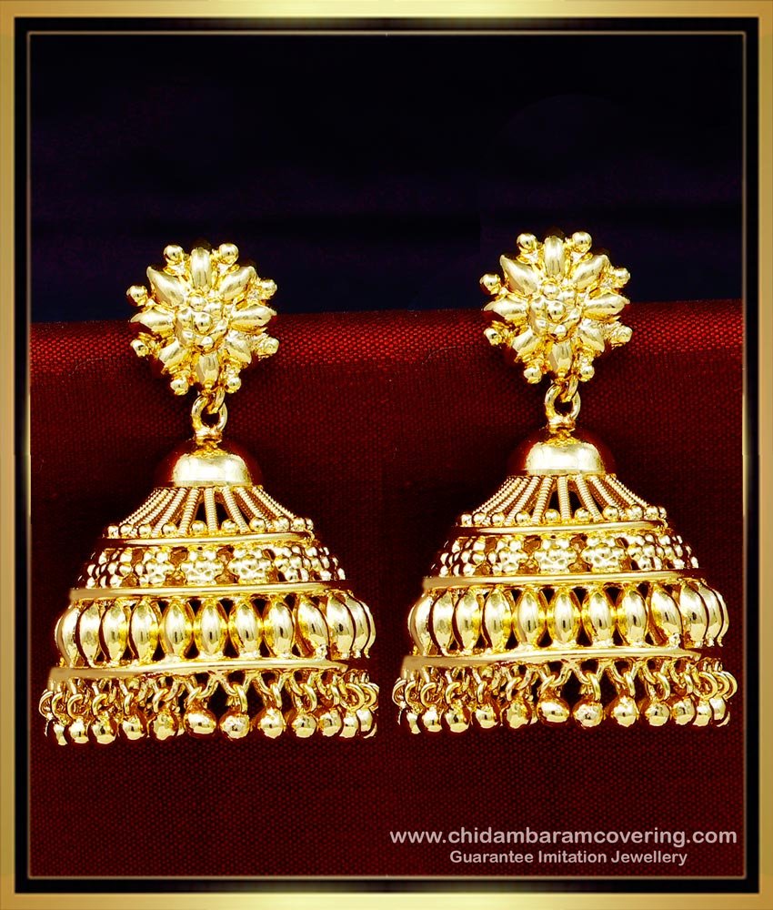 jhumka design gold earrings, Jimikki Kammal Gold Design, traditional jhumkas online, jhumkas earrings, gold plated jhumkas earrings, one gram gold jhumkas design, jhumki ki design, gold jhumka earrings design