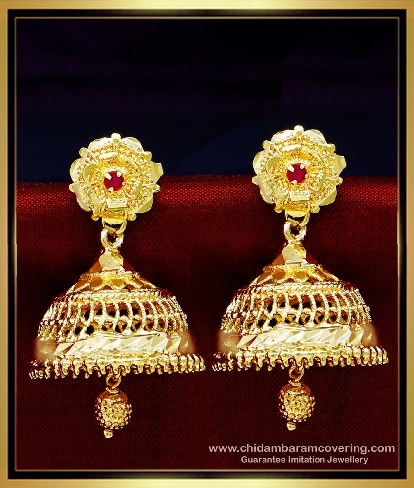 Buy One Gram Gold Plated Crystal with Ruby Stone Jhumkas for Wedding