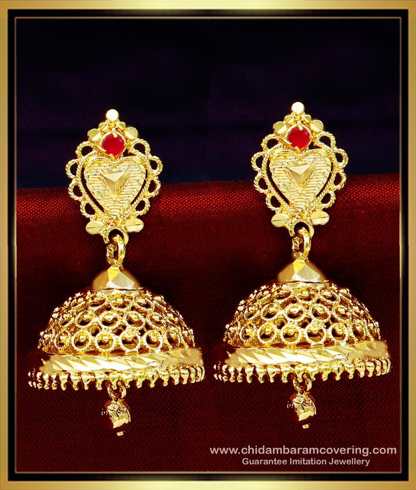 jhumka earrings gold design, bridal jhumkas online shopping, gold plated jhumka earrings, 1 gram gold jhumka earrings online, 1 gram gold earrings online, jimikki designs