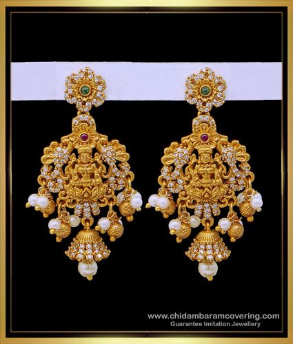 ERG1683 - Unique Ad Stone Lakshmi Antique Gold Earrings Designs 