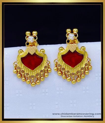 Gold Plated Metal Rice Pearl Ruby Stud Earrings